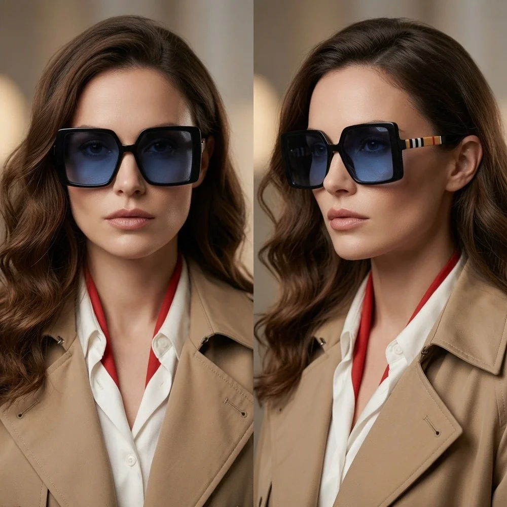 Women Oversized Square Sunglasses‎ Black Frame Blue Gradient Lens Classic Modern