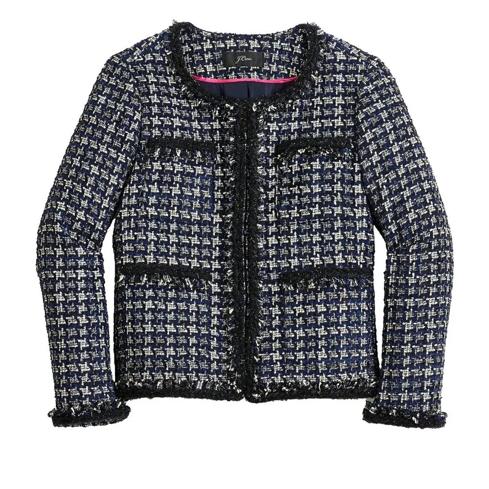 NWT J.Crew Lady Jacket in Navy Ivory Black Metallic Houndstooth Blazer 12