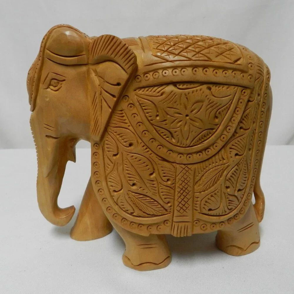 Elephant etched Wood Handmade tabletop brown w/ Cape Cover-Up 6 x 7.5 Figurine