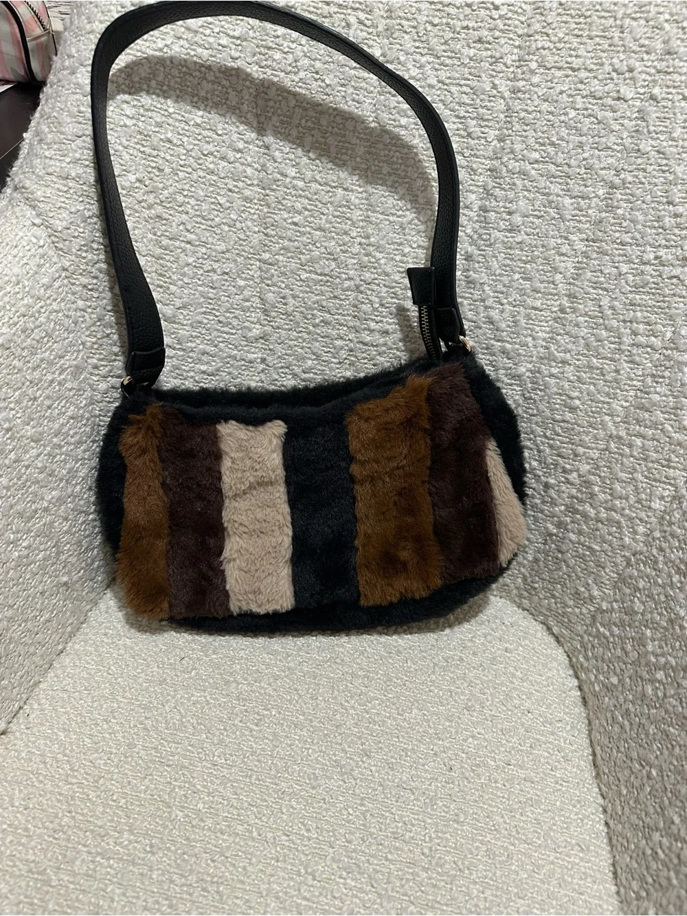Faux Fur Striped Shoulder Bag in Black and Brown
