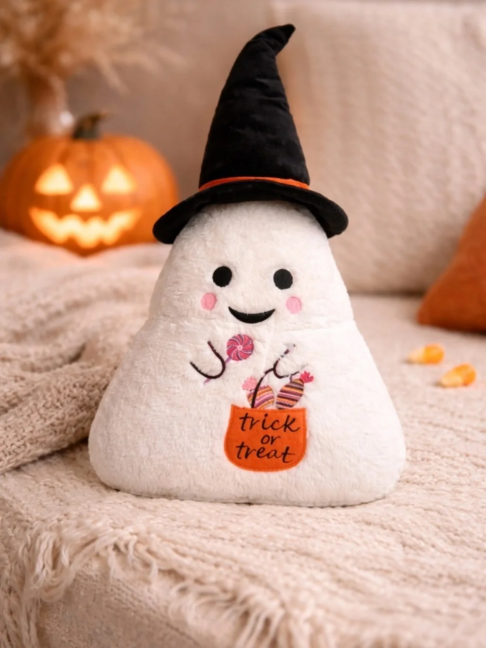 Halloween Ghost Witch Hat Plush Throw Pillow Trick or Treat Decor New