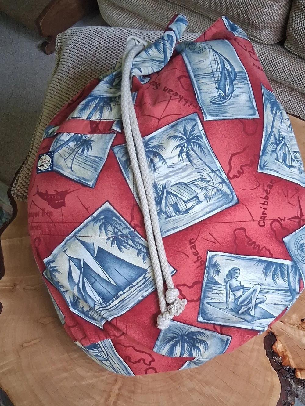 Vintage Tommy Bahama Red and Blue Nautical Postcard Rope Duffel