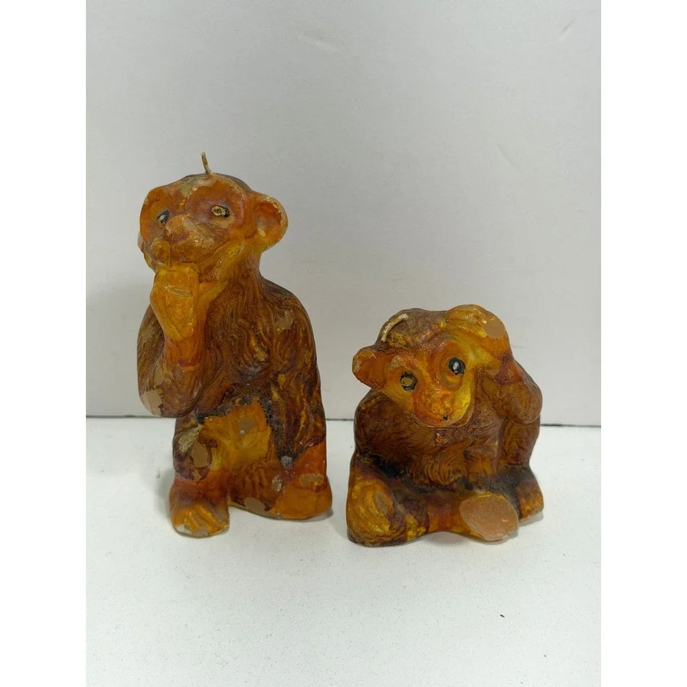 Vintage Monkey Figural Wax Candles Set of 2‎ Brown Orange Primitive Kitsch Decor