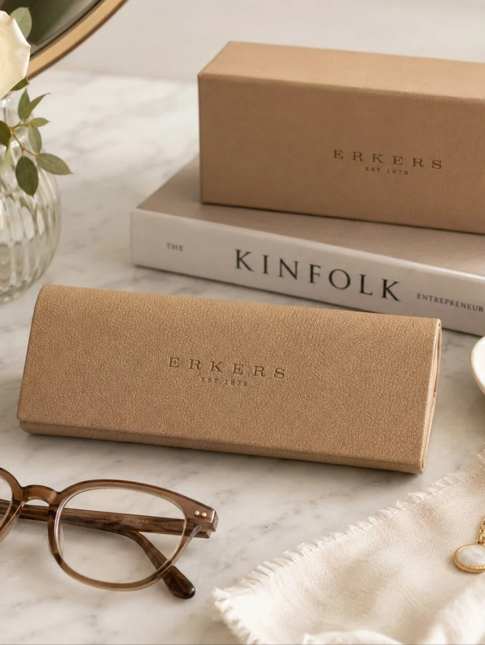 Erkers 1879 Tan Hard Eyeglasses Sunglasses Case with Original Box