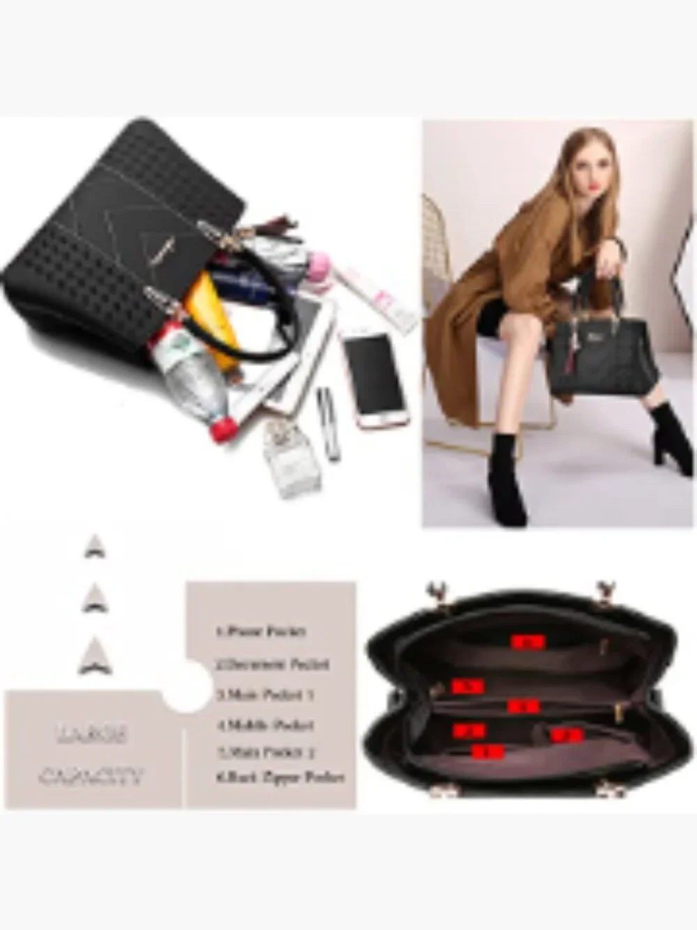Faux Leather Satchel Tote Bag Women Shoulder Crossbody Handbag 7 Pockets