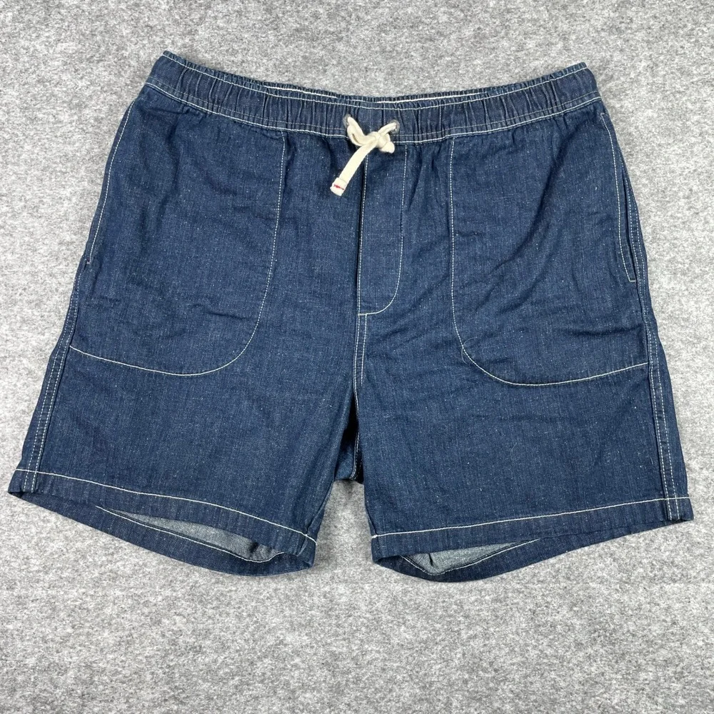 Wallace & Barnes Shorts Mens L Blue Denim Elastic Waist Drawstring Deck Workwear