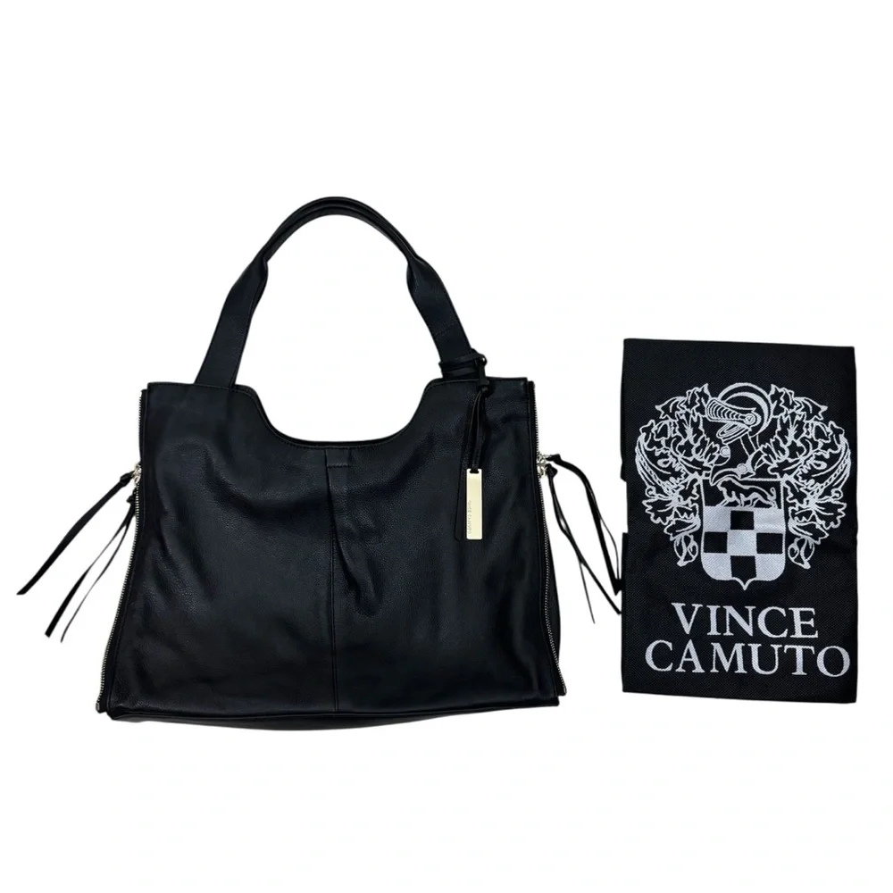 Vince Camuto Corla Black Leather Large Tote Shoulder Bag Zippers Biker Moto