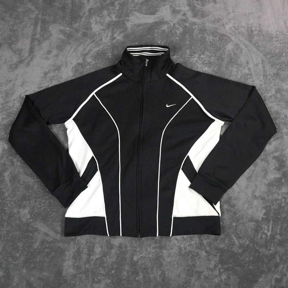 VTG Nike Track Jacket Womens 12-14 Large‎ Black Dri-Fit Windbreaker Y2K Swoosh