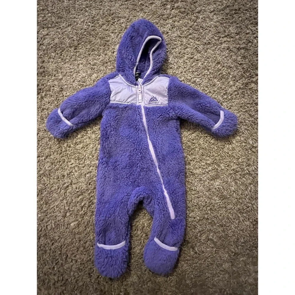 Snozu Size 3-6 Month Purple Fleece One Piece Zip Up Snow‎ Suit With Hood Soft