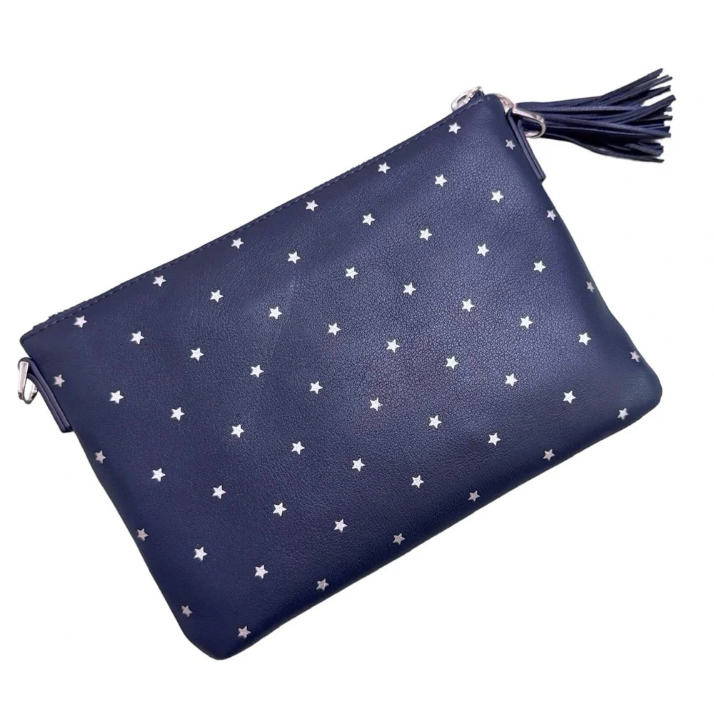 LEATHER TASSEL ZIPPER CROSSBODY in Navy Star NEW