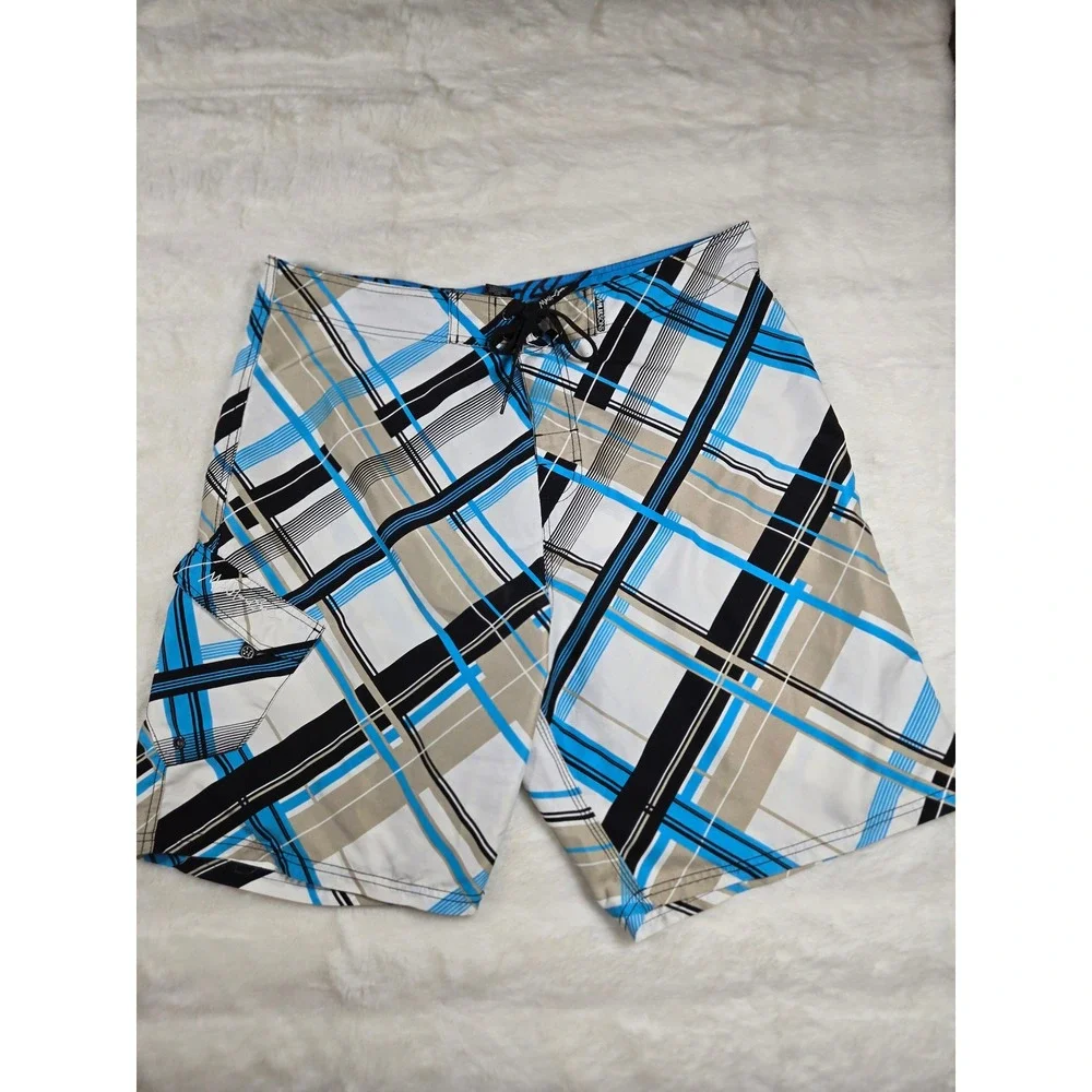Maui and Sons Mens Size 38 Blue Plaid Board Shorts Swim‎ Trunks Cargo Pocket