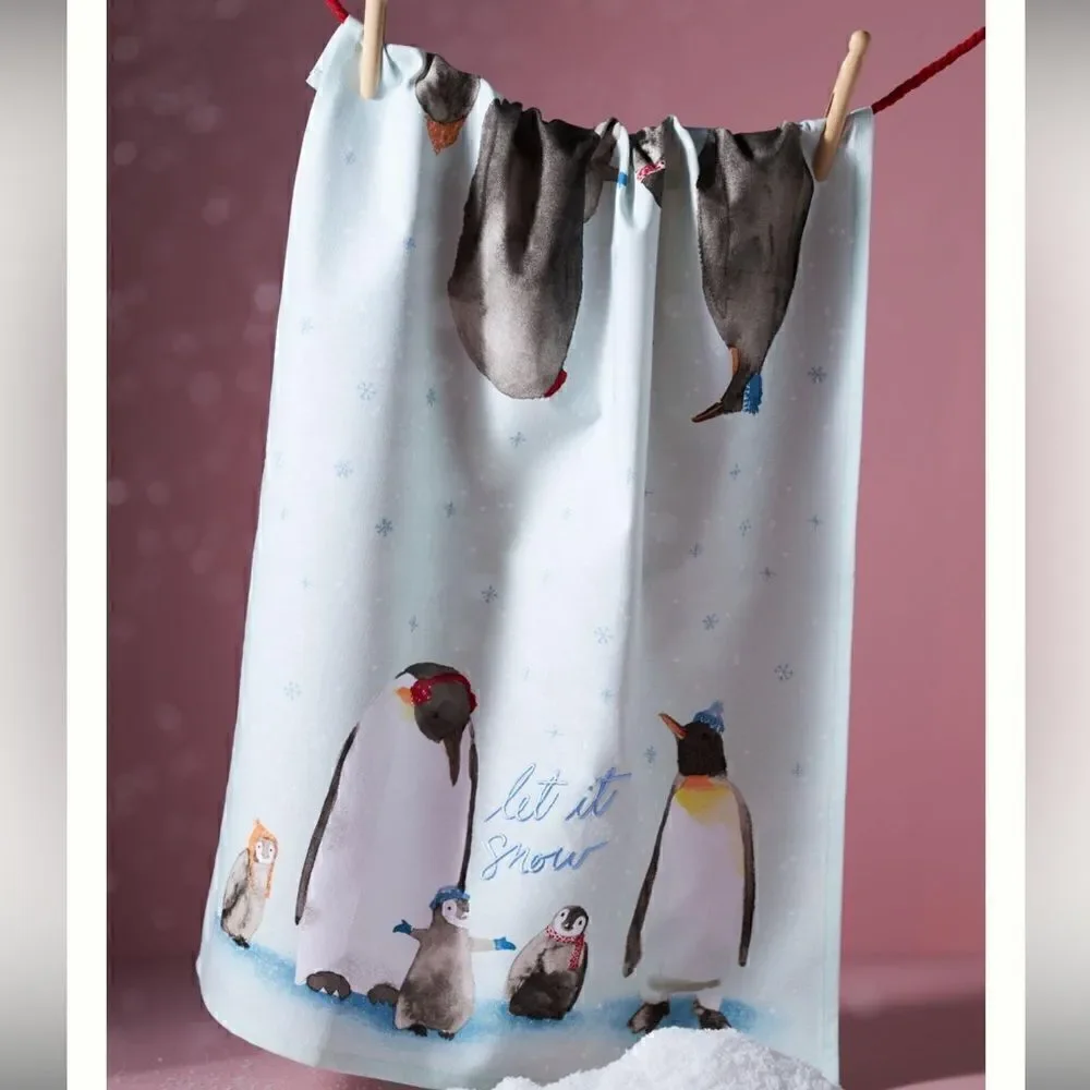 NWT ANTHROPOLOGIE Let It Snow Penguin Dish Towel Sky