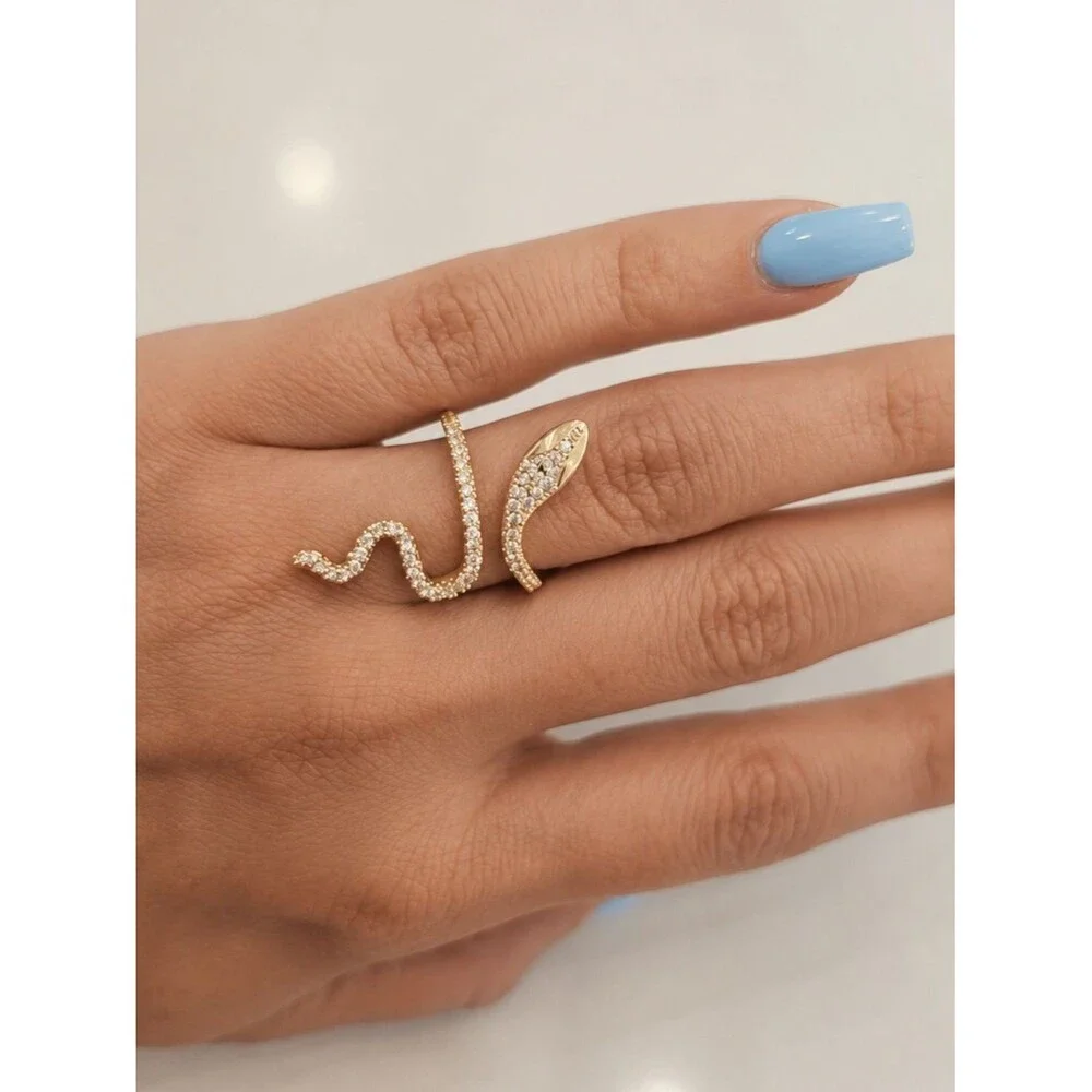18K Gold Snake Serpent Ring Simulated Diamond Womens One Size Fits All Luxury