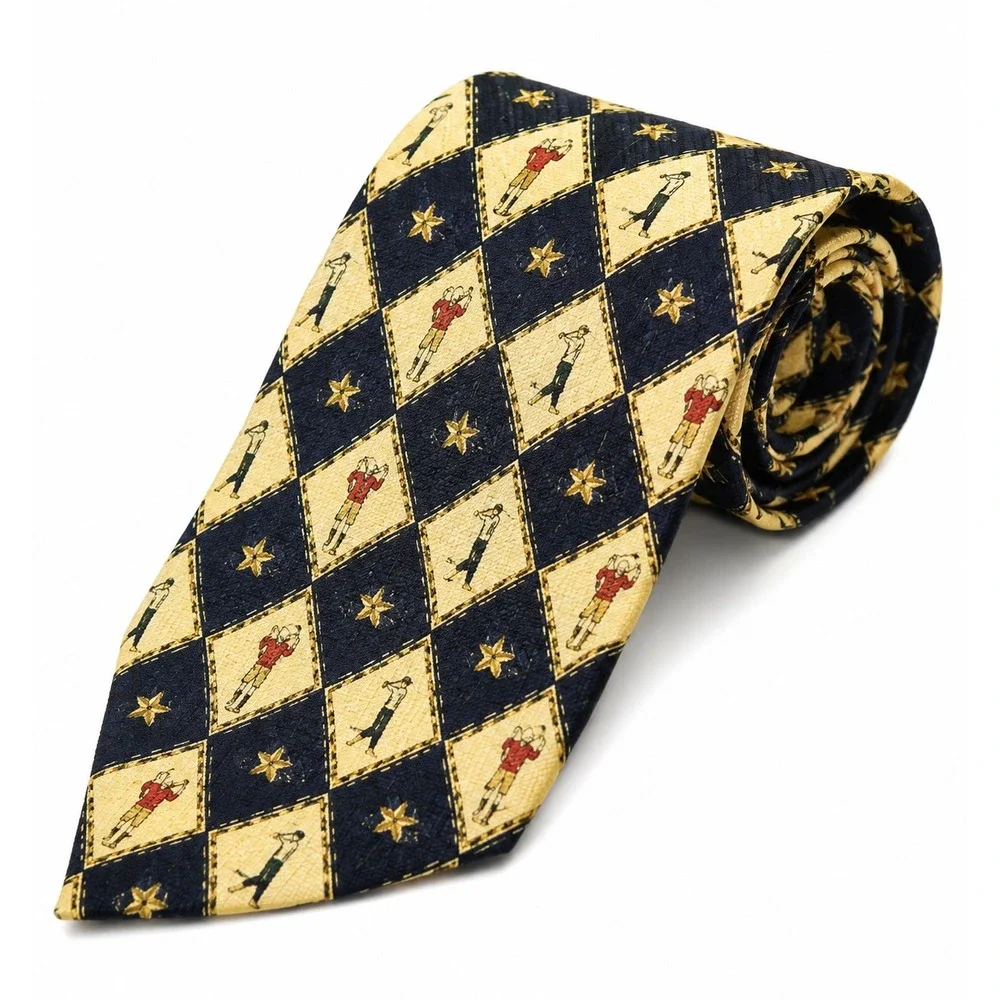 Tommy Hilfiger Men's Tie Italian Silk Novelty Vintage Golfer Blue Gold 57