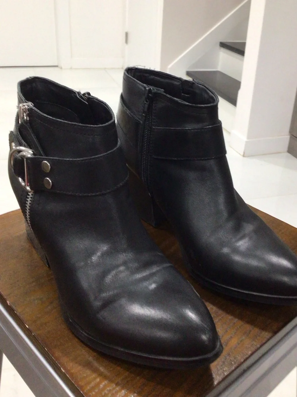 Marc Fisher Black Pointed Leather Ankle Booties with Buckle