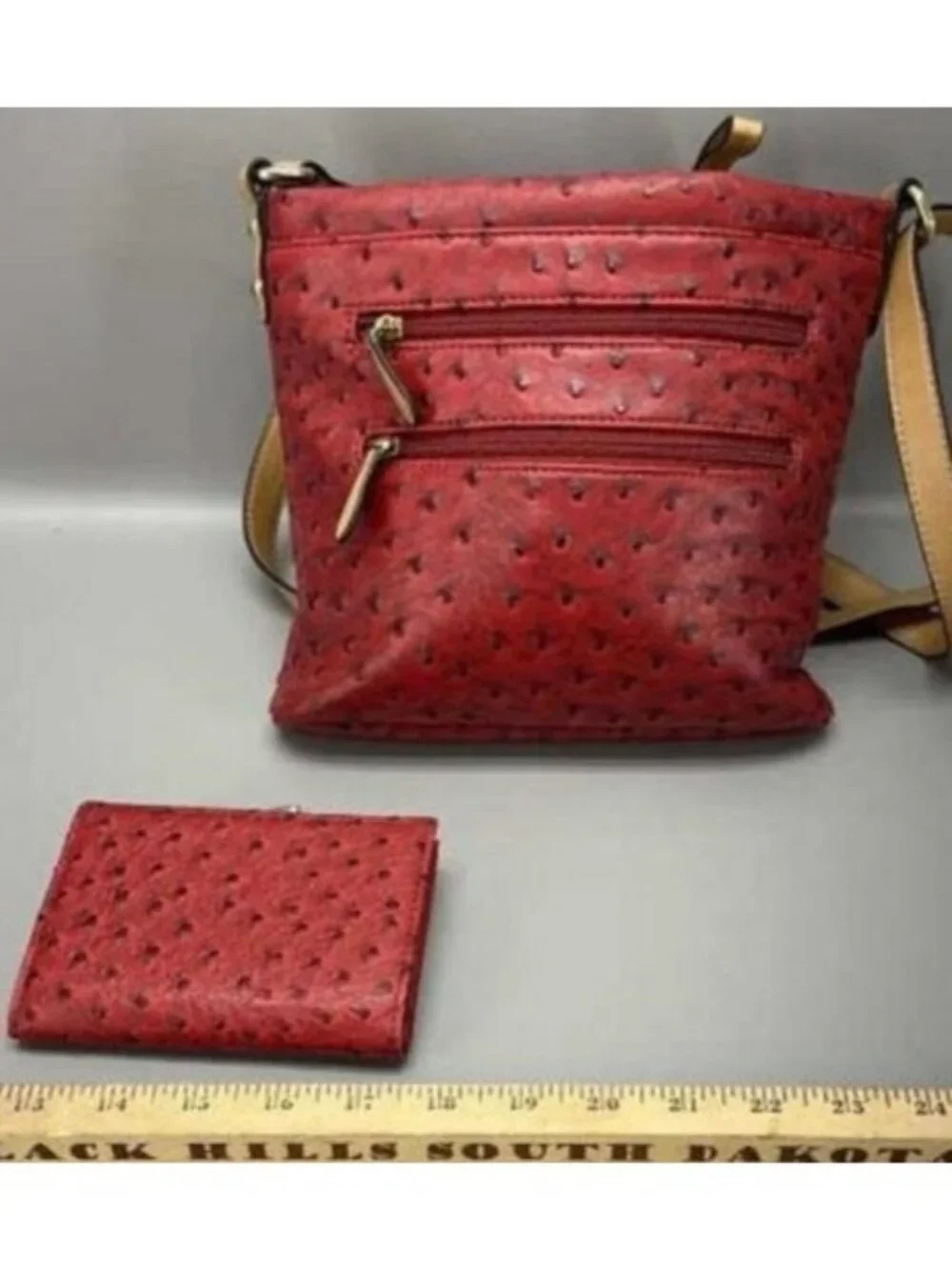 Giani Bernini Vibrant Red Ostrich Leather Crossbody Charm Satchel Handbag Wallet