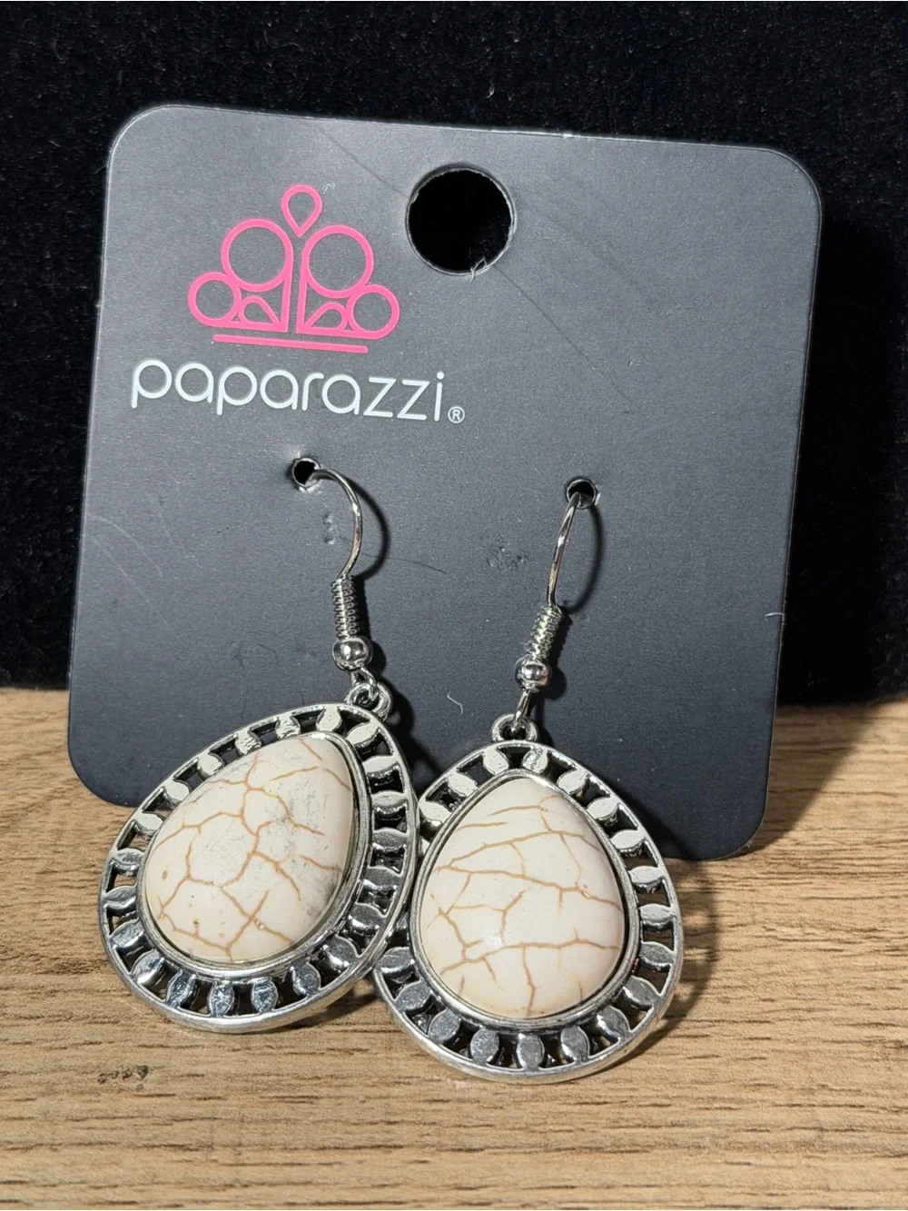 Paparazzi Cream Teardrop Stone Dangle Earrings with Silver Frame