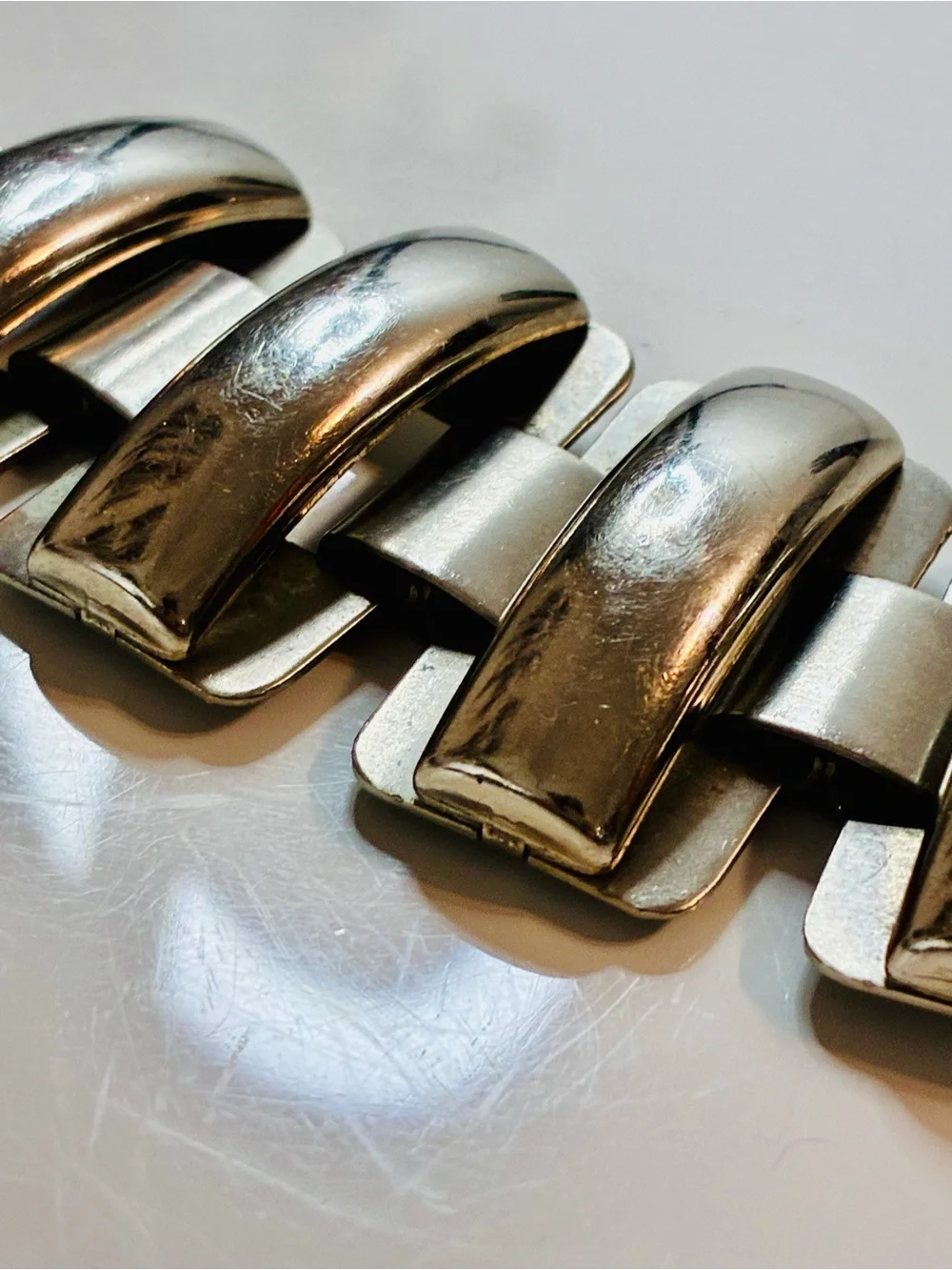 Silver-Tone Wide H-Link Bracelet Domed Rectangular Panels MCM Retro