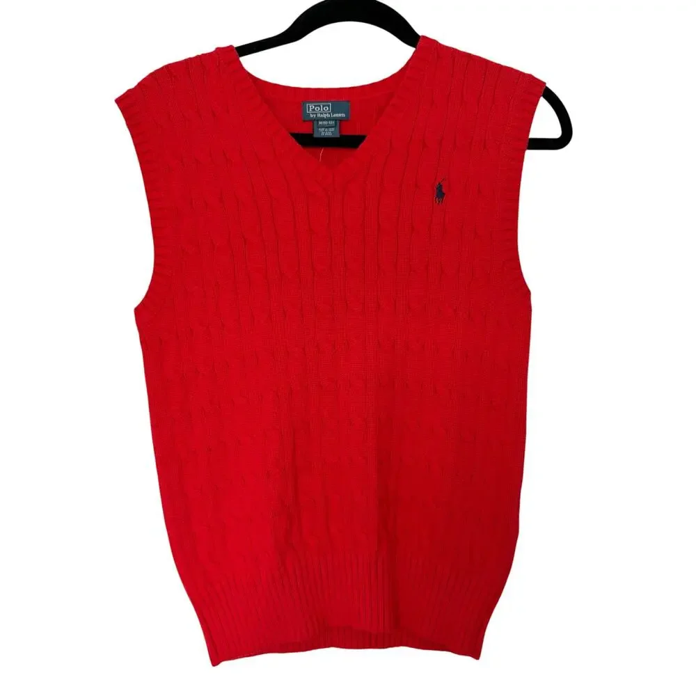 Vintage 90s/Y2K Polo Ralph Lauren Boys (10-12) Red Cable Knit Sweater Vest Pony
