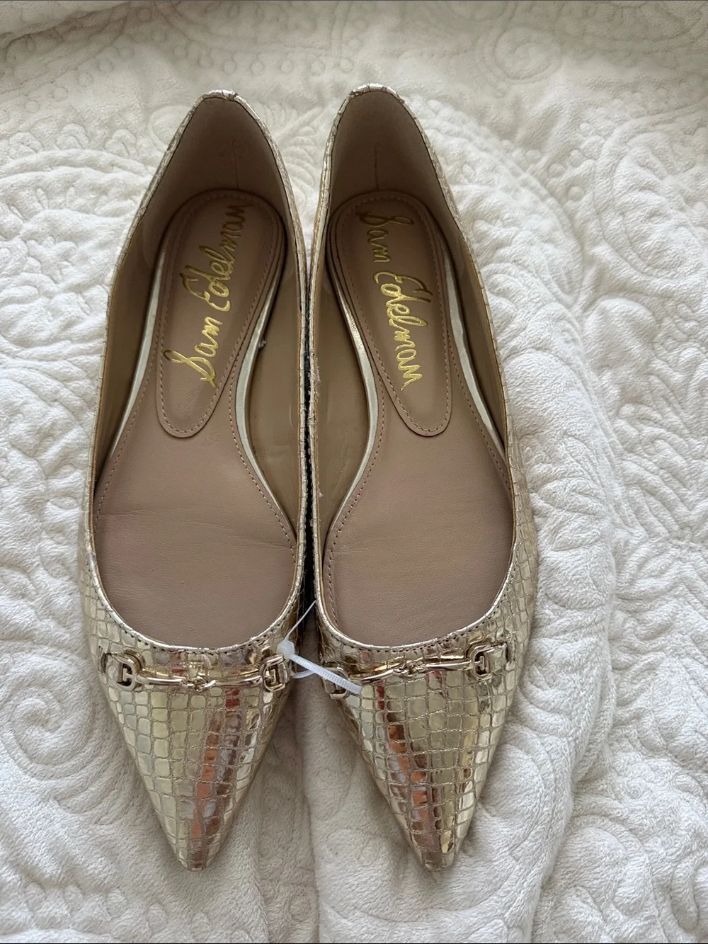 Sam Edelman Metallic Gold Croc-Embossed Pointed Ballet Flats