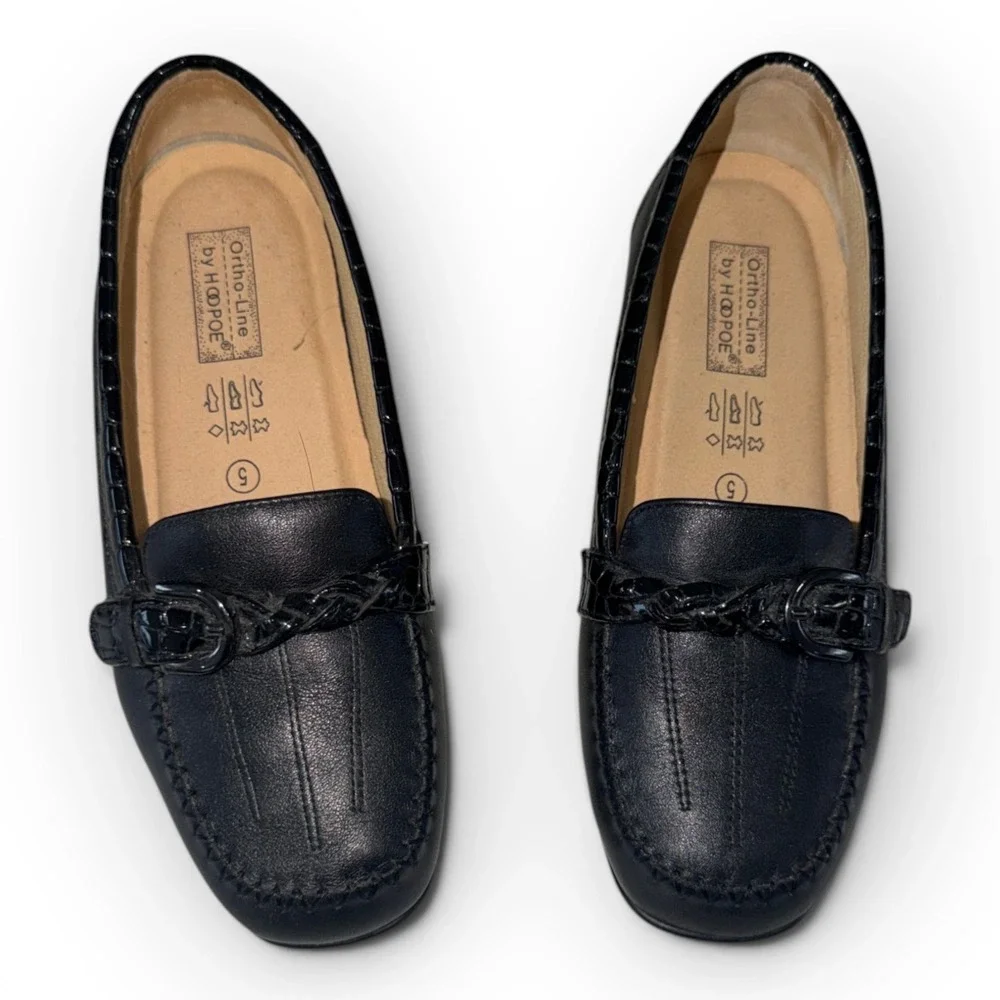 Ortho-Line by Hoopoe‎ Womens Black Leather Croc Trim Buckle Loafers Size 5
