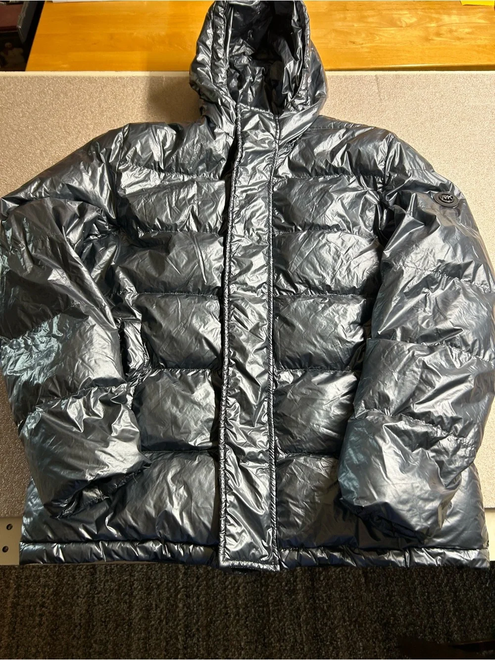 Michael Kors Women's Shiny Metallic Blue/Gunmetal Hooded Puffer Jacket, Size Sm.