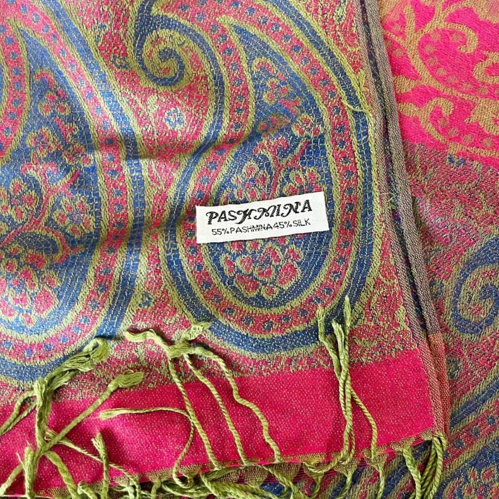 Pashmina Silk Blend Paisley Scarf Pink Green Blue Fringe Wrap Shawl Bohemian