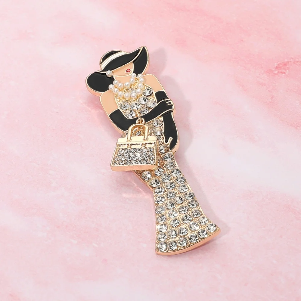 Chic Black Gold Rhinestone Pearls Lady Brooch Pin Elegant Cute Glam Hat Handbag