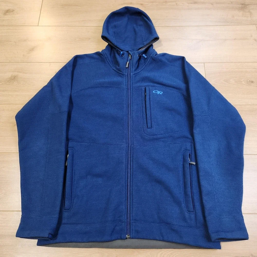 Outdoor‎ Research Jacket Mens Large Blue Hooded Fleece Full Zip Pockets 50940