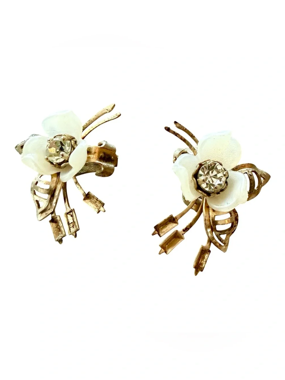 1950’s Bee “Look” Clip On Earrings, Goldtone w/Pearlescant White & Rhinestones