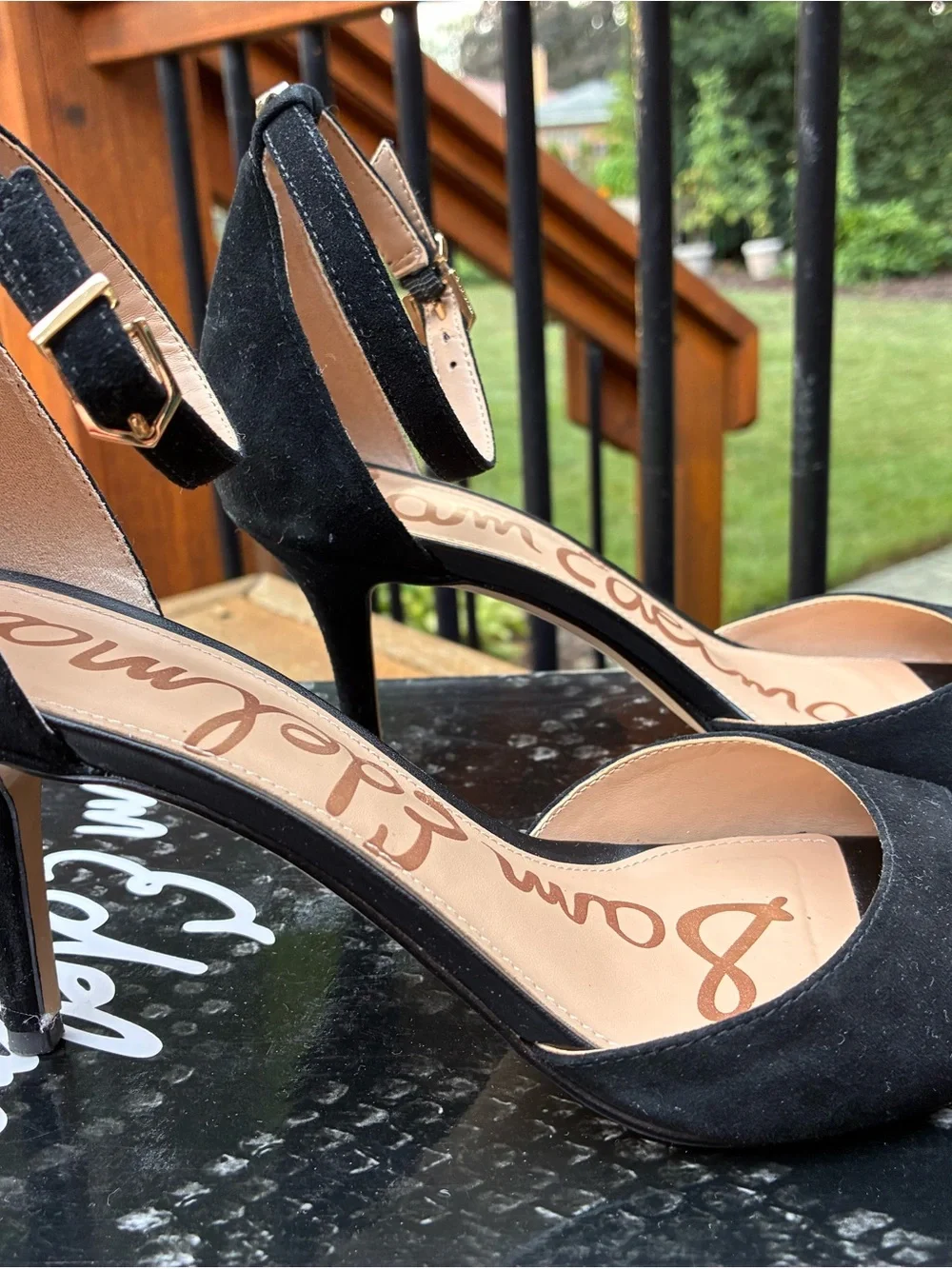 Sam Edelman Black Suede Porchia Open-Toe Ankle-Strap Heels size 7.5