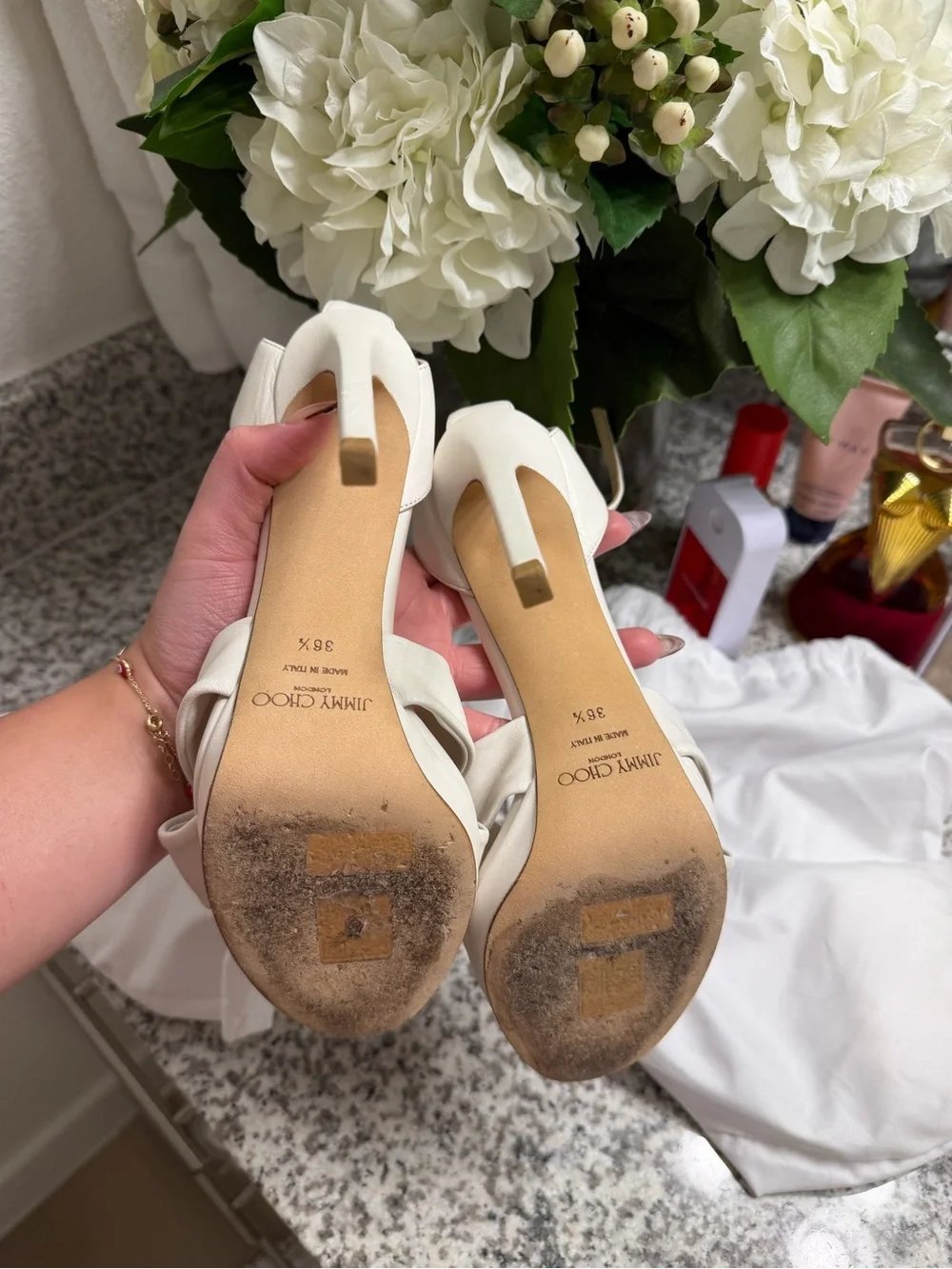 Jimmy Choo Cream Knotted Leather Ankle-Strap Heels