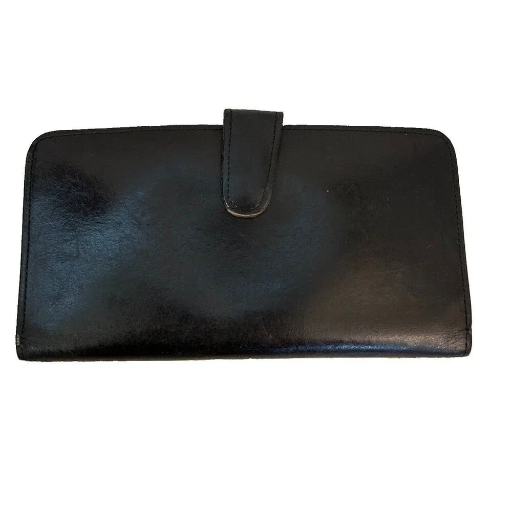 Vintage Coach Black Leather Continental Bifold Wallet KISS-lock Coin Pouch
