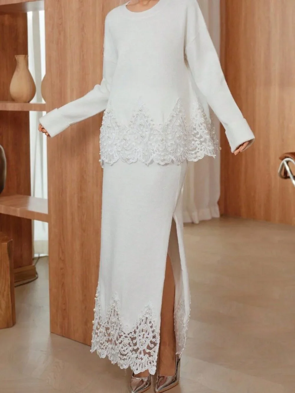 White Casual Women's LAce detailed Sweater top & Maxi Skirt Coord set