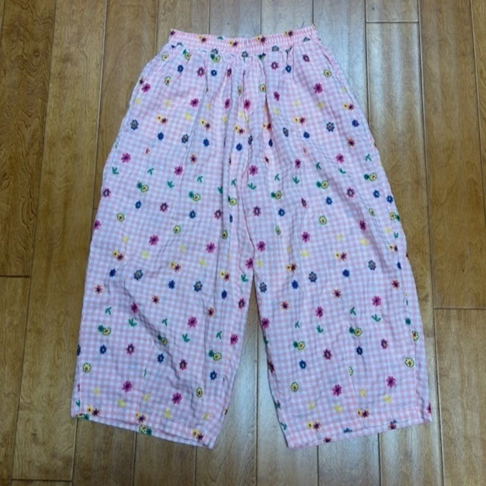 Womens Pink Gingham Floral Embroidered Wide Leg Pajama Pants *M Cottagecore Boho