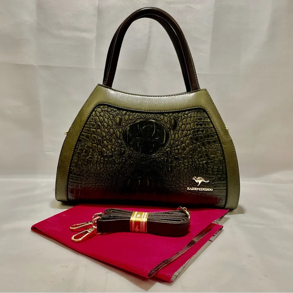 Kaidifeiniroo Croc-Embossed Gradient Olive Green & Brown Tote/Crossbody, NWOT