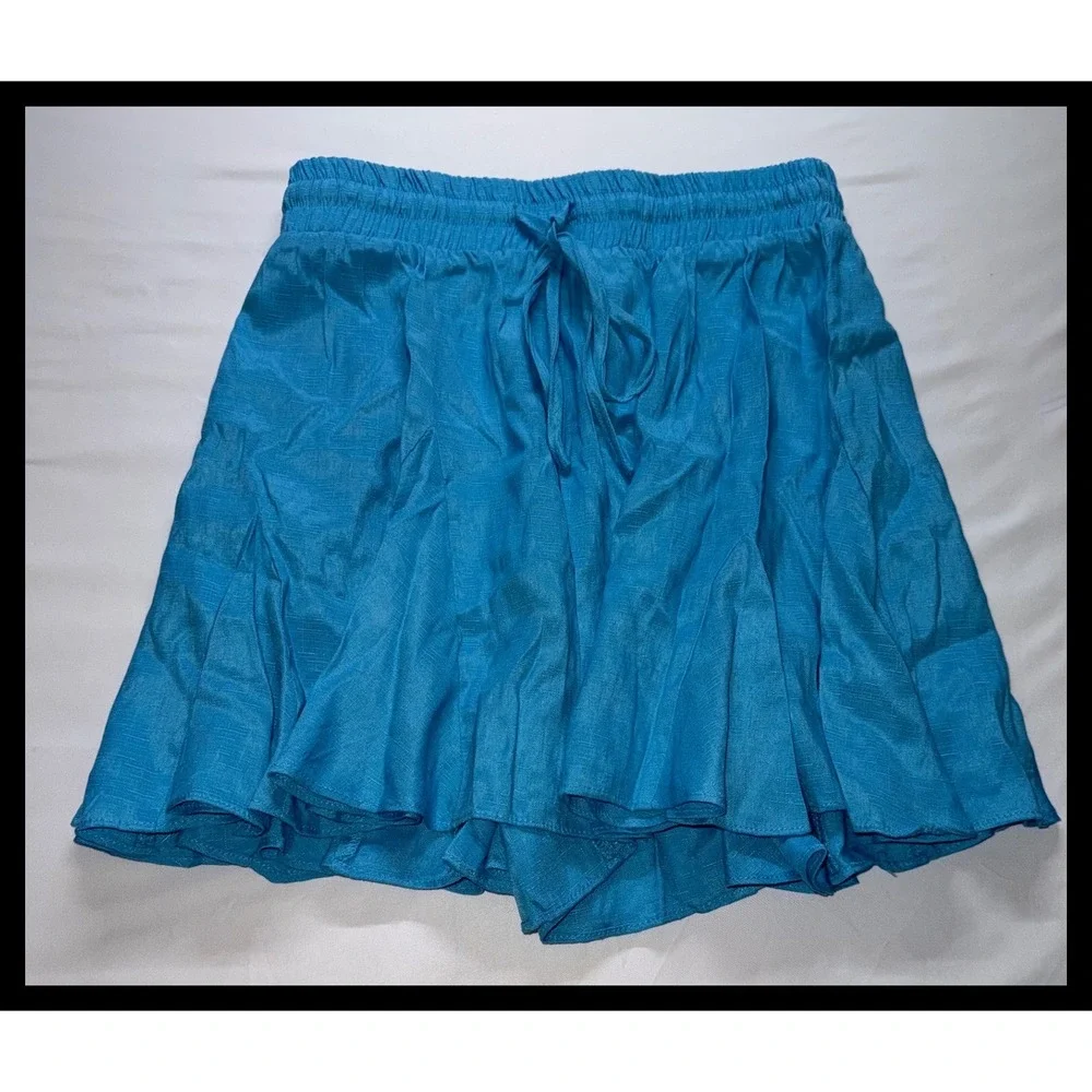 Glam Skort Shorts Womens‎ Large Blue Elastic Waist Drawstring Ruffle Mini Summer