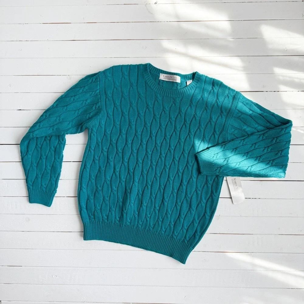 Karen Scott 80s vtg teal‎ cable knit sweater size M