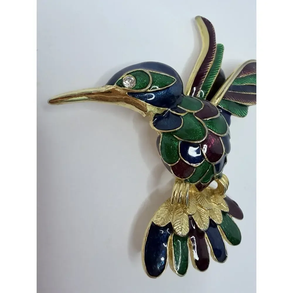 Vintage Hummingbird Statement Brooch Pin Gold Green Blue Rhinestone Cottage Core