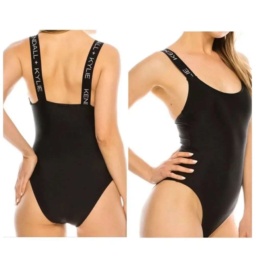 Kendall & Kylie One-Piece Swimsuit Black With Logo Brand on White Band Straps M