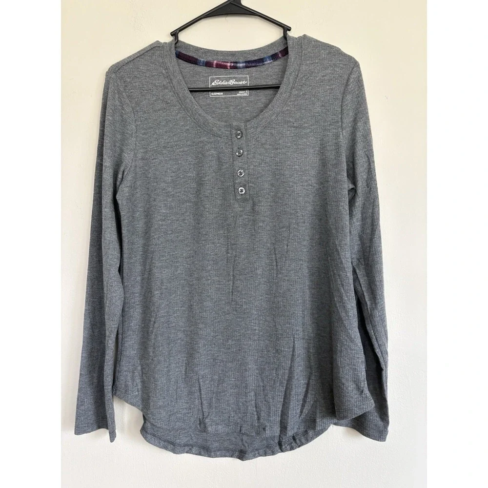 Eddie Bauer Grey Waffle Knit Henley VNeck Long Sleeve SMALL Capsule‎ Wardrobe
