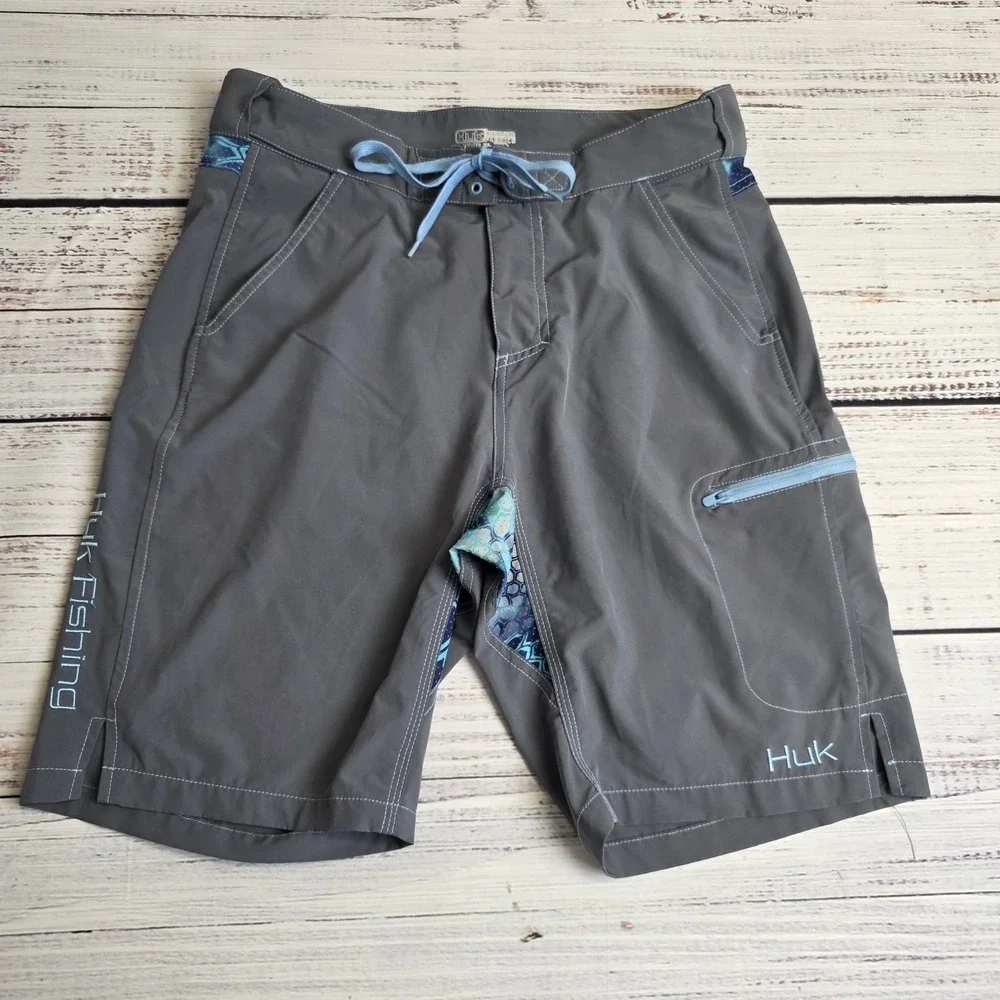 Huk Fishing Shorts Mens Small Gray‎ Blue Performance Quick Dry Outdoor Pockets