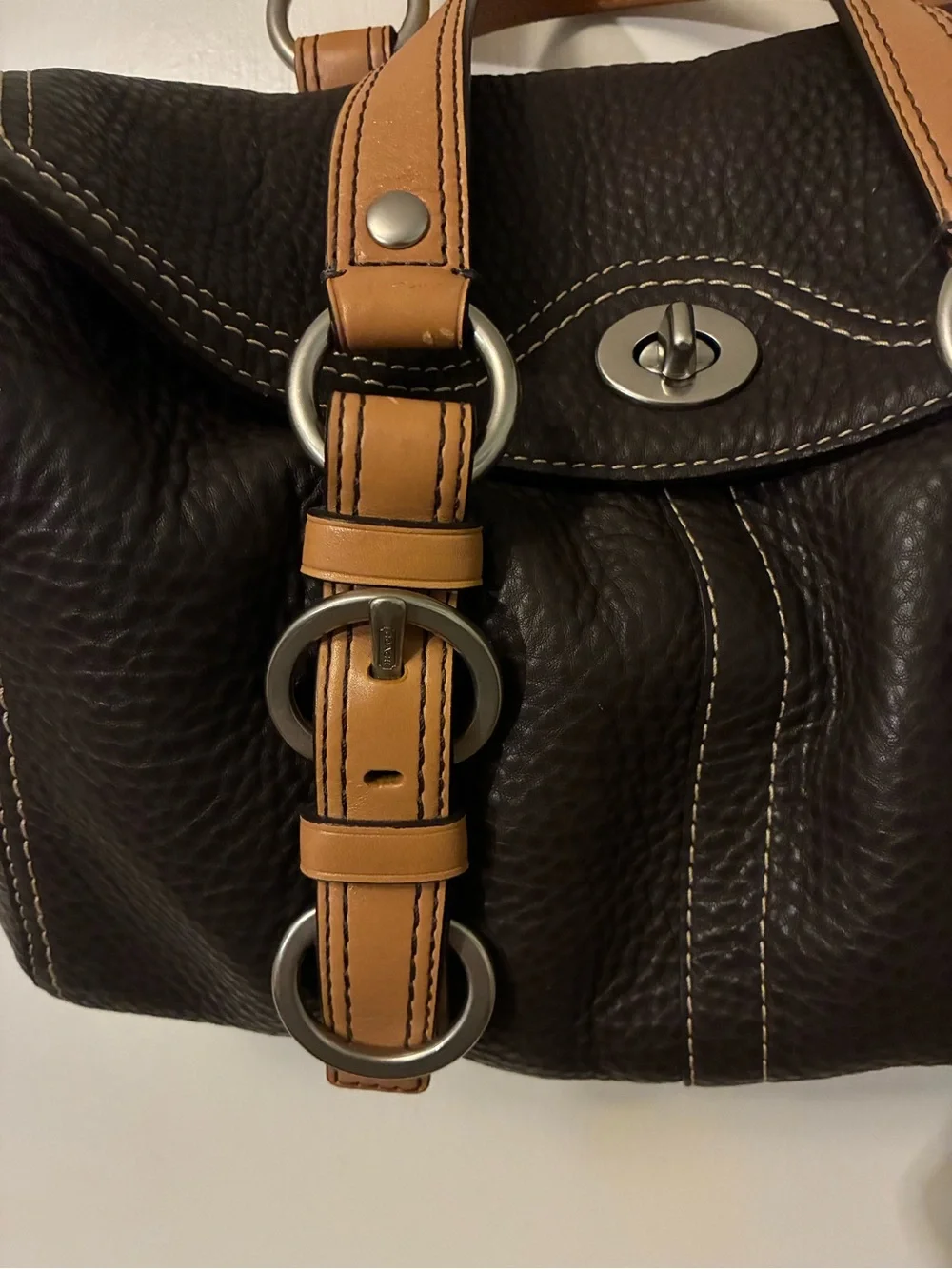 Women’s Brown Leather Tote with Tan Strap Accents