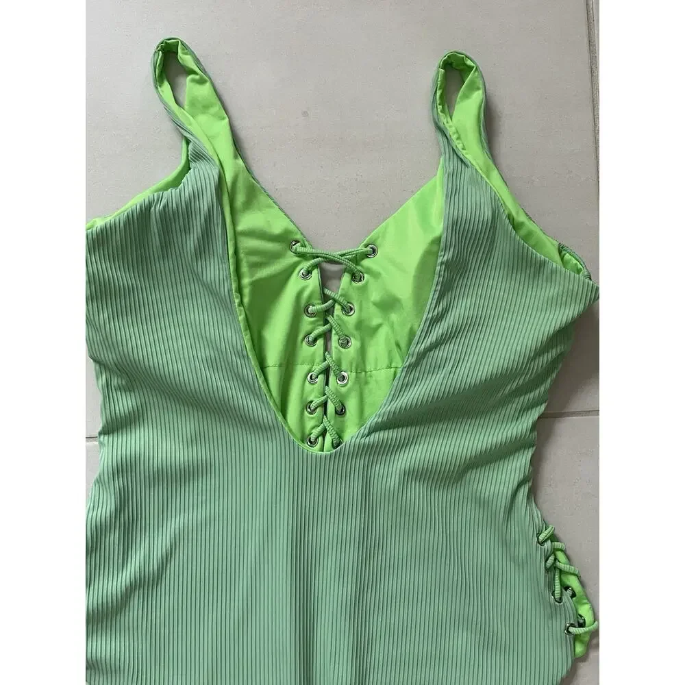 Coastal Waves Swim One Piece Swimsuit Ribbed Lace Up Swimwear