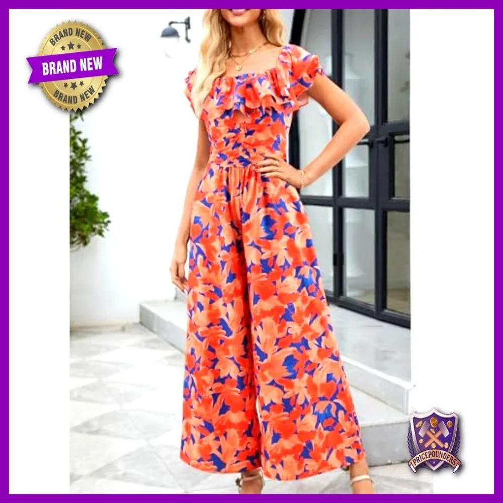 Floral Wide Leg Jumpsuit with Pockets, Square Neck, Ruffle Sleeves, Summer