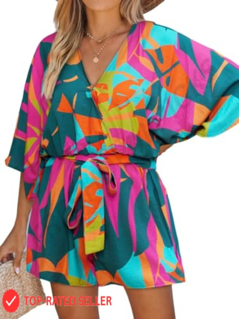 Women's Tropical Mini Romper V-Neck Batwing Sleeve Wide Leg Belted