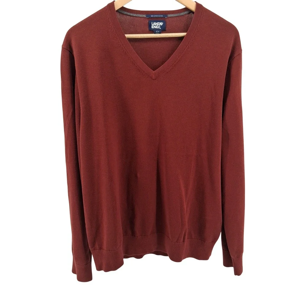Lands'‎ End Mens V Neck Sweater Cotton Blend Casual Burgundy Large Preppy Fall