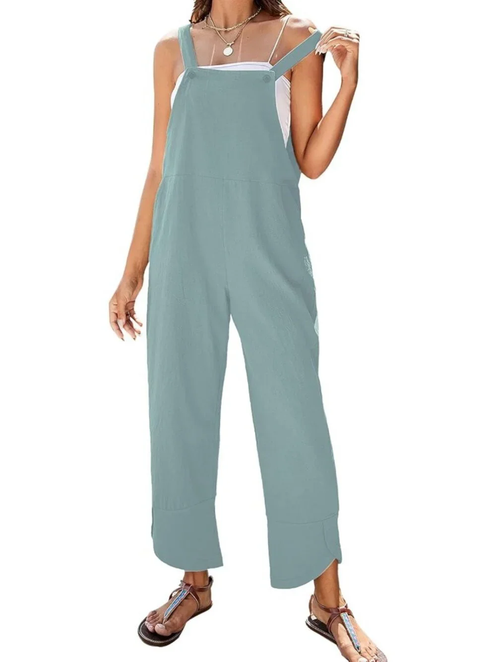 Summer Sleeveless Cotton Linen Bib Overalls | Tulip Baggy Capri Jumpsuit with
