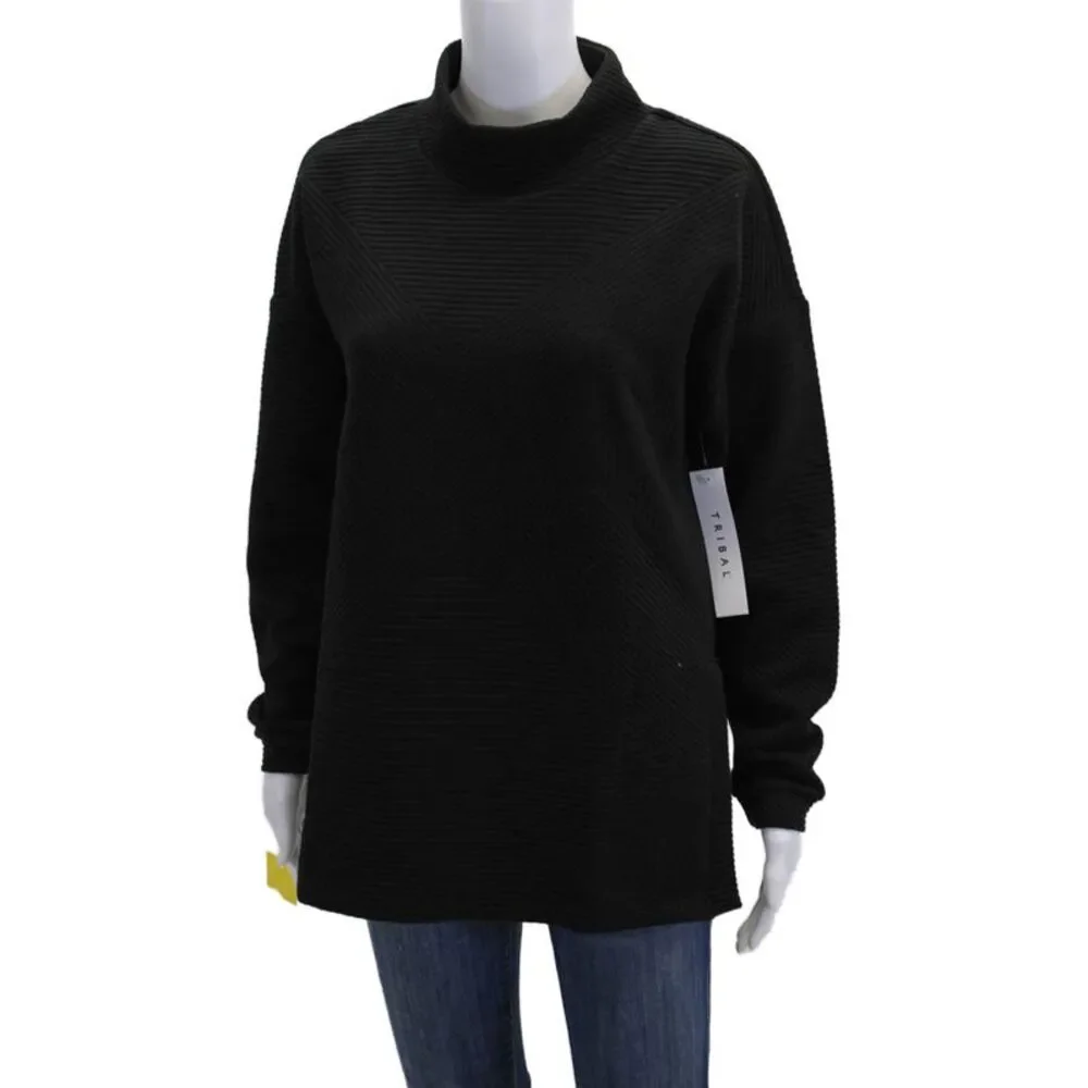 Tribal Womens Mock Neck Long Sleeve Ribbed Pullover Sweater Top Black Size M
