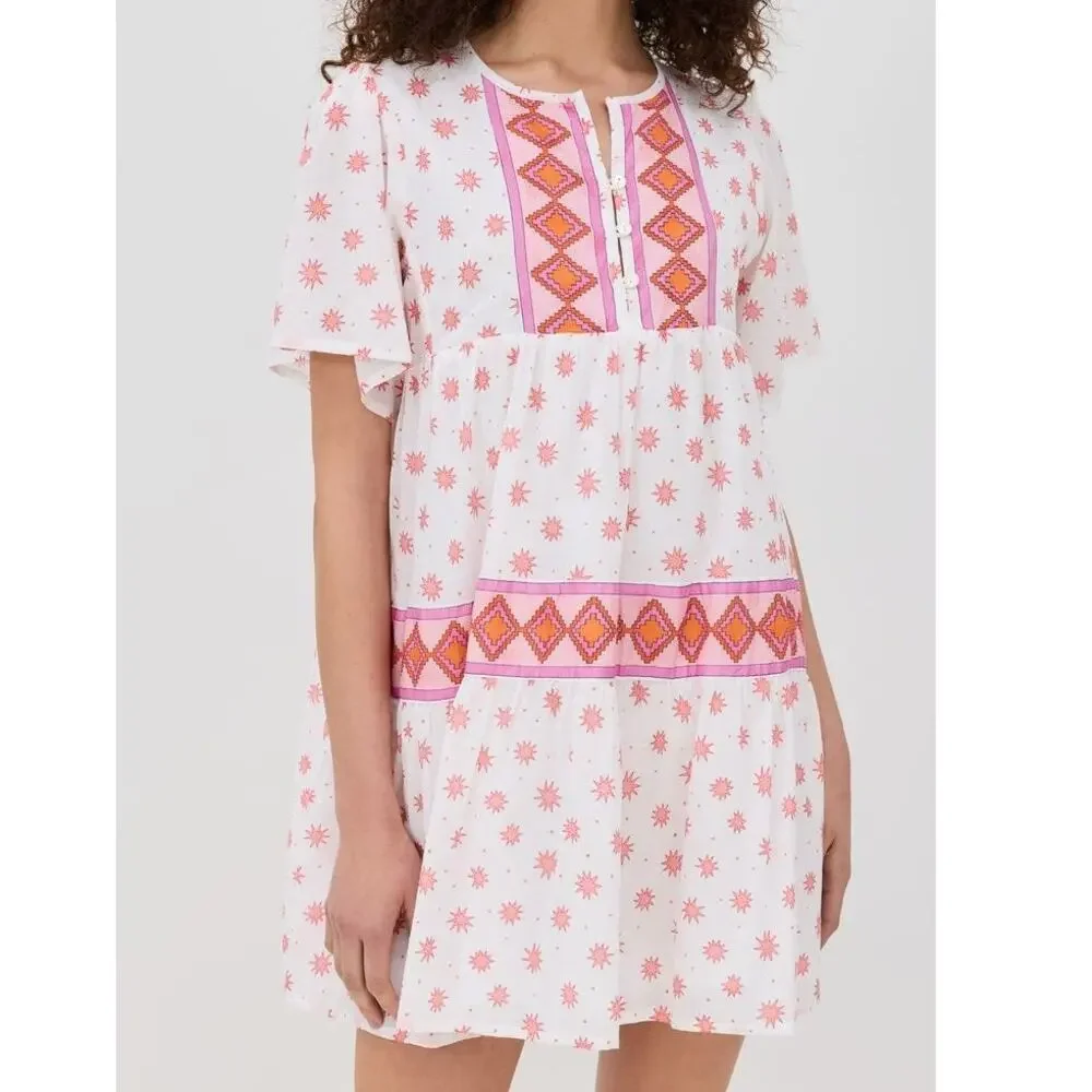 Marea Tiki Dress S Mini Starburst Aztec Print Beachy Coverup Boho Resort‎ White